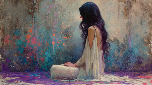 Cosmic Symbolism Painting of Girl on Floor