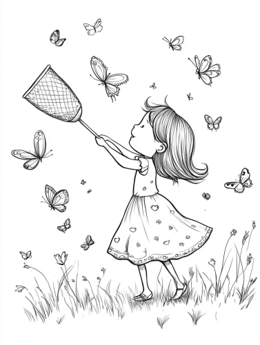 girl chasing butterflies coloring page