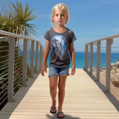 6-year-old girl on boardwalk in shorts and t-shirt