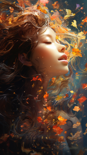 Girl with Burning Particles of Ice and Floating Hair