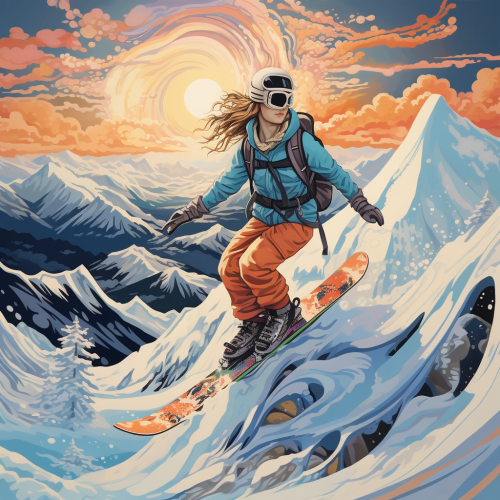 Girl snowboarding in the mountains