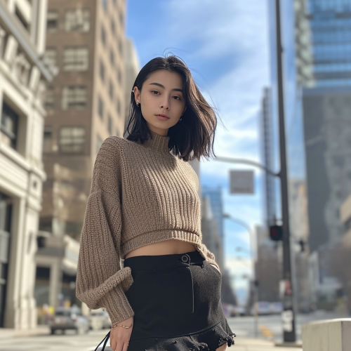 Girl wearing straight short black skirt and light brown cropped sweater