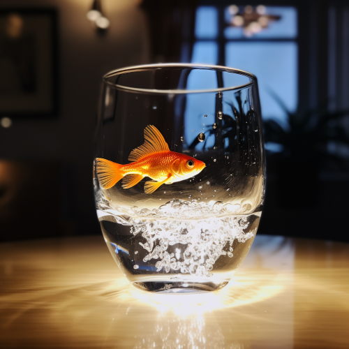 Glass water with canary and goldfish on table Glass water with canary and goldfish on table
