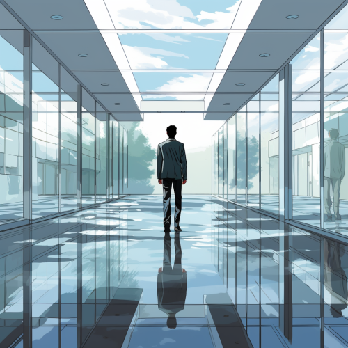 Man walking through glass window classrooms Man walking through glass window classrooms