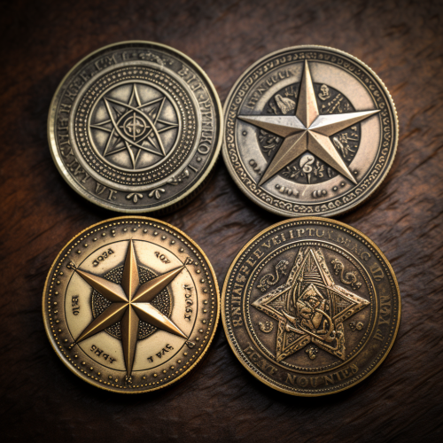 Three coins with pentagrams