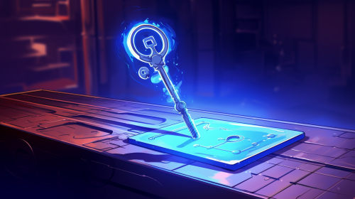 Glowing blue key floating above wooden pedestal