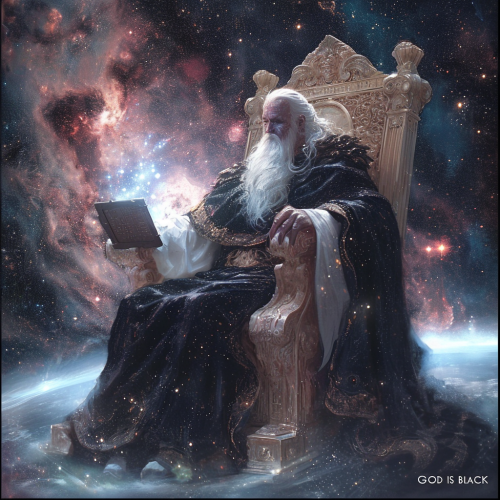 Majestic black God sitting on throne with glowing tablet