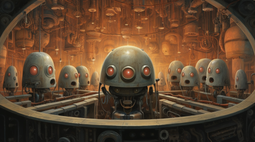 Illustration of God making machines in his realm