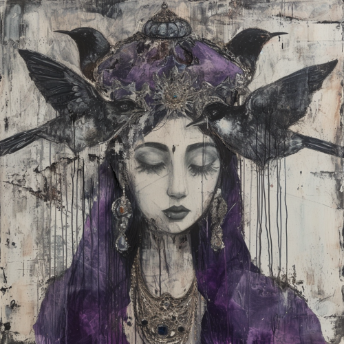 Primitivist painting of goddess with birds Primitivist painting of goddess with birds