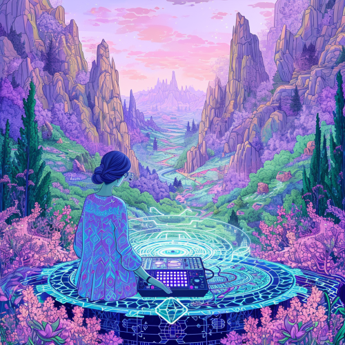 Goddess producing music on synth