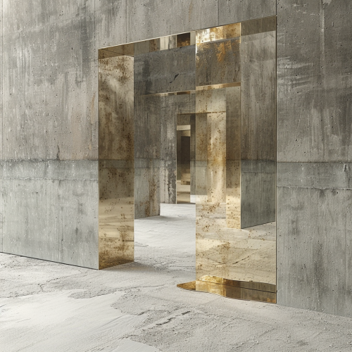 Gold mirrors in concrete room