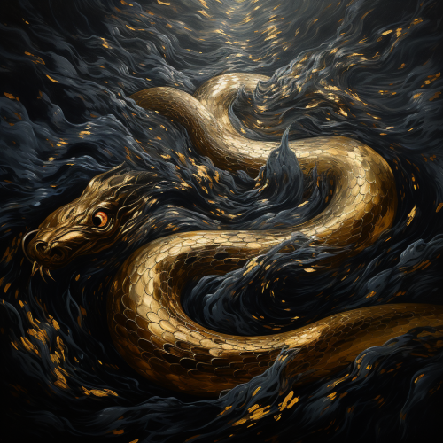 Golden snake sliding in black water