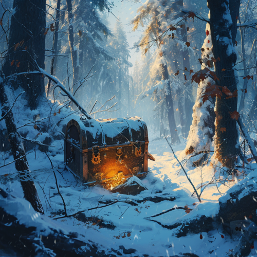 Gold treasure chests in snowy forest