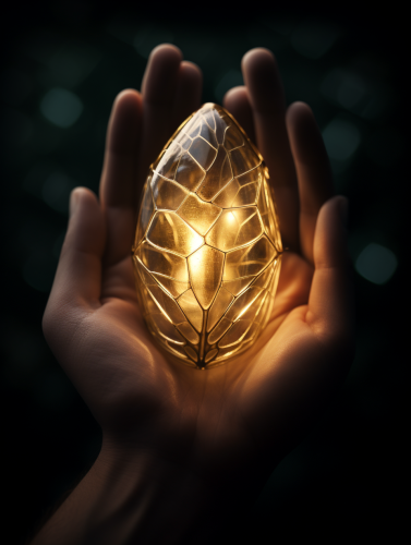 Beautiful golden butterfly cocoon in hands