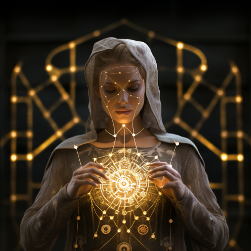 Golden Female Futuristic Doctor with Runic Embroideries Golden Female Futuristic Doctor with Runic Embroideries