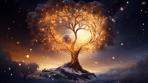 Beautiful golden heart shaped tree in snowy cosmos