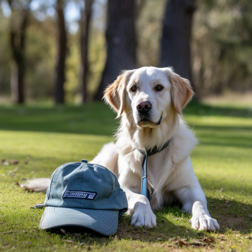 Excited Golden Retriever Wearing White Sneakers & Cap