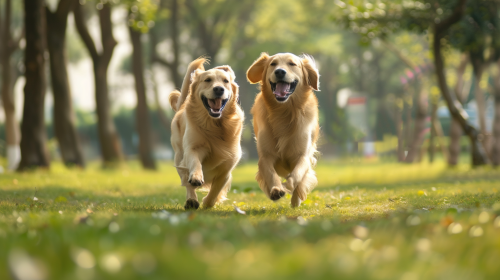 Golden Retrievers Running in Park