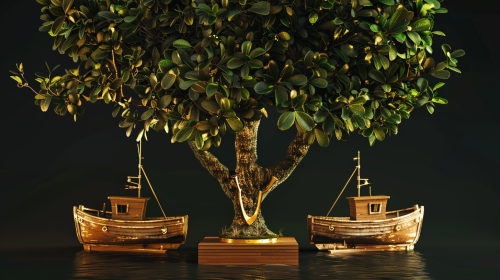 Golden trophy with fishing boats