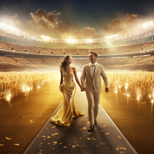 Four competitors running in golden tuxedos