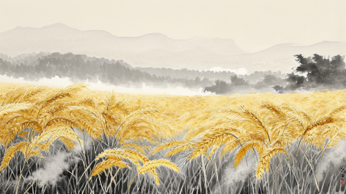 Chinese ink painting of golden wheat fields Chinese ink painting of golden wheat fields