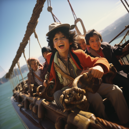 Kids enjoying pirate ship adventure near Golden Gate Bridge