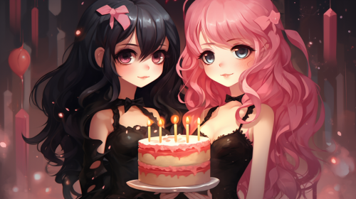 Two anime girls with goth and pink hair eating cake