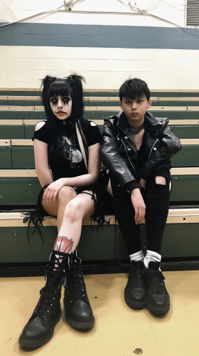 Stylish goth punk high school twins on bleachers in gym