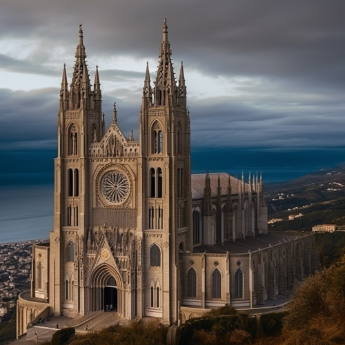 Beautiful gothic cathedral on hillside with port city view