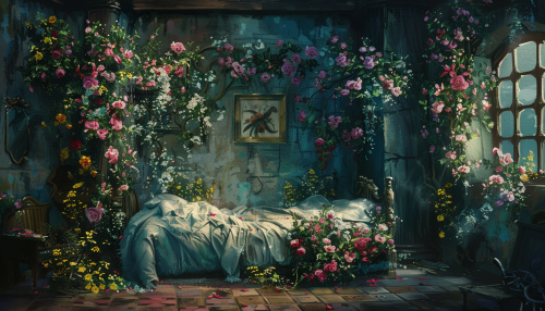 Gothic fantasy bedroom with flowers