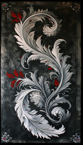 Gothic Grace Feathery Scrolls Oil Painting 3D Embroidered
