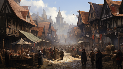 Gothic Market Scene with Townsfolk and Flags