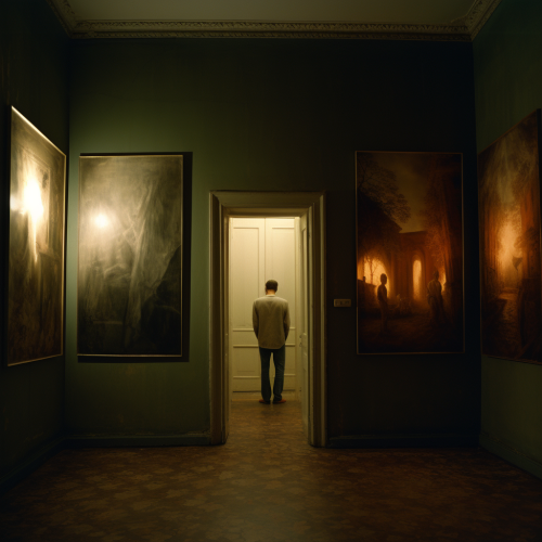 Dark gothic-style nightmare paintings in a softly lit room