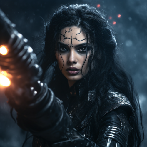 Gothic warrior women with flamethrower and alien