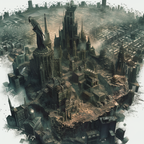 Gothic city symbol with dark skyscrapers and monstrous statues Gothic city symbol with dark skyscrapers and monstrous statues