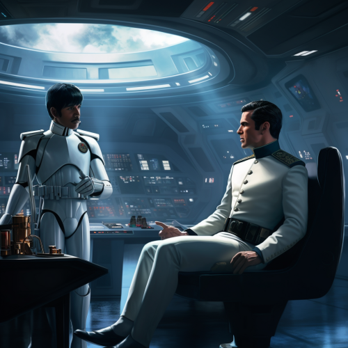 Grand Admiral Thrawn talking to Finn the Stormtrooper on Star Destroyer