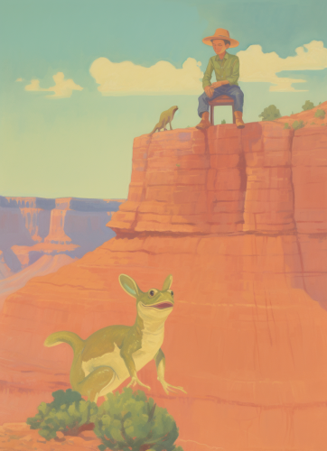 Boy cowboy hat riding giant frog at Grand Canyon