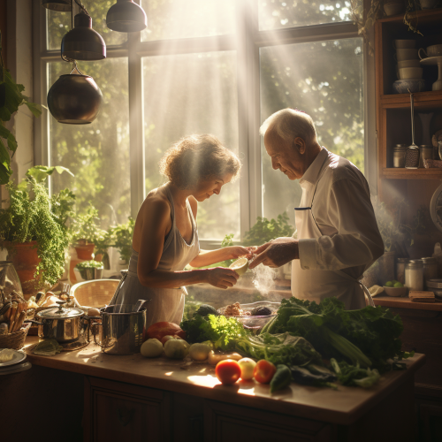 Grandparents cooking in kitchen with natural light Grandparents cooking in kitchen with natural light