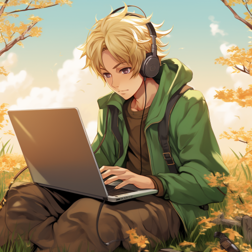 Anime PC gamer in grass