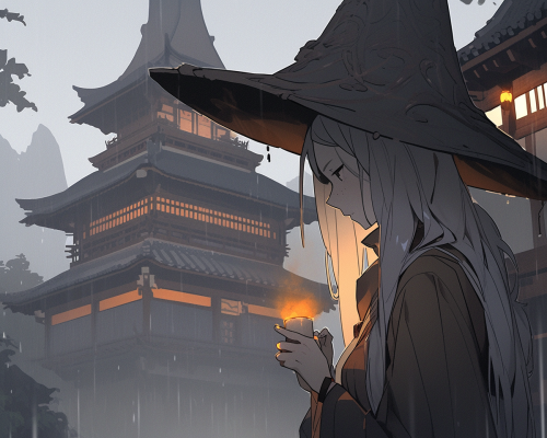 Gray-haired witch with glowing ginger tea