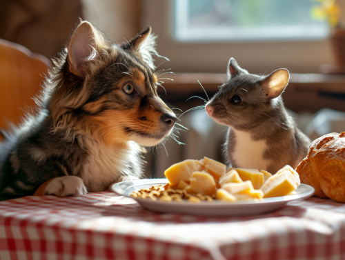 Grayscale cat and Hovawart eating on kitchen table Grayscale cat and Hovawart eating on kitchen table