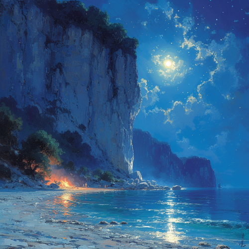 Greek God on Beach at Night