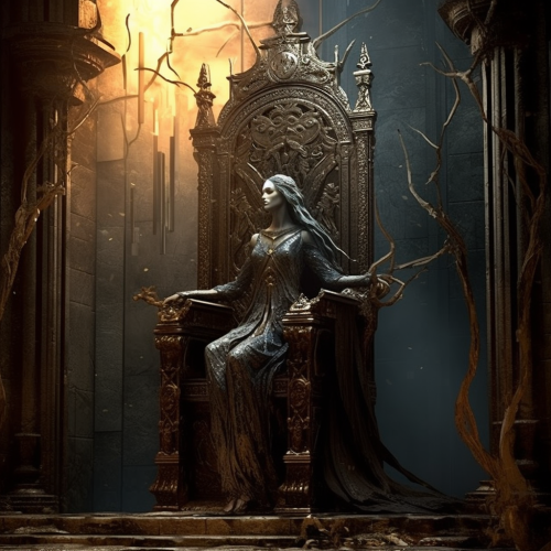 Persephone on Throne pointing to Door