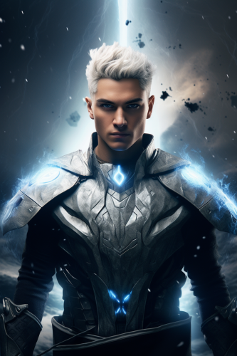 Greek warrior in robes with glowing fractal