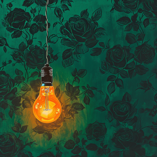 Green background with veiled rose and light bulb