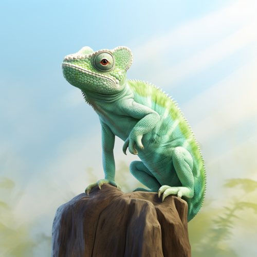 Green and blue chameleon on platform