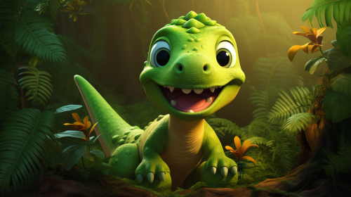 Cute green dinosaur in vibrant jungle