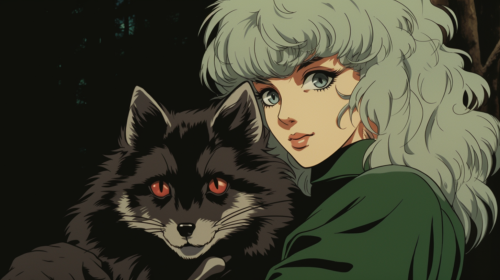 Anime woman with green eyes holding raccoon