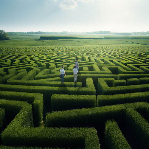 Friends in Maze, Surrounded by Buildings