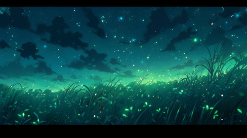 Green field with scattered clouds and stars Green field with scattered clouds and stars